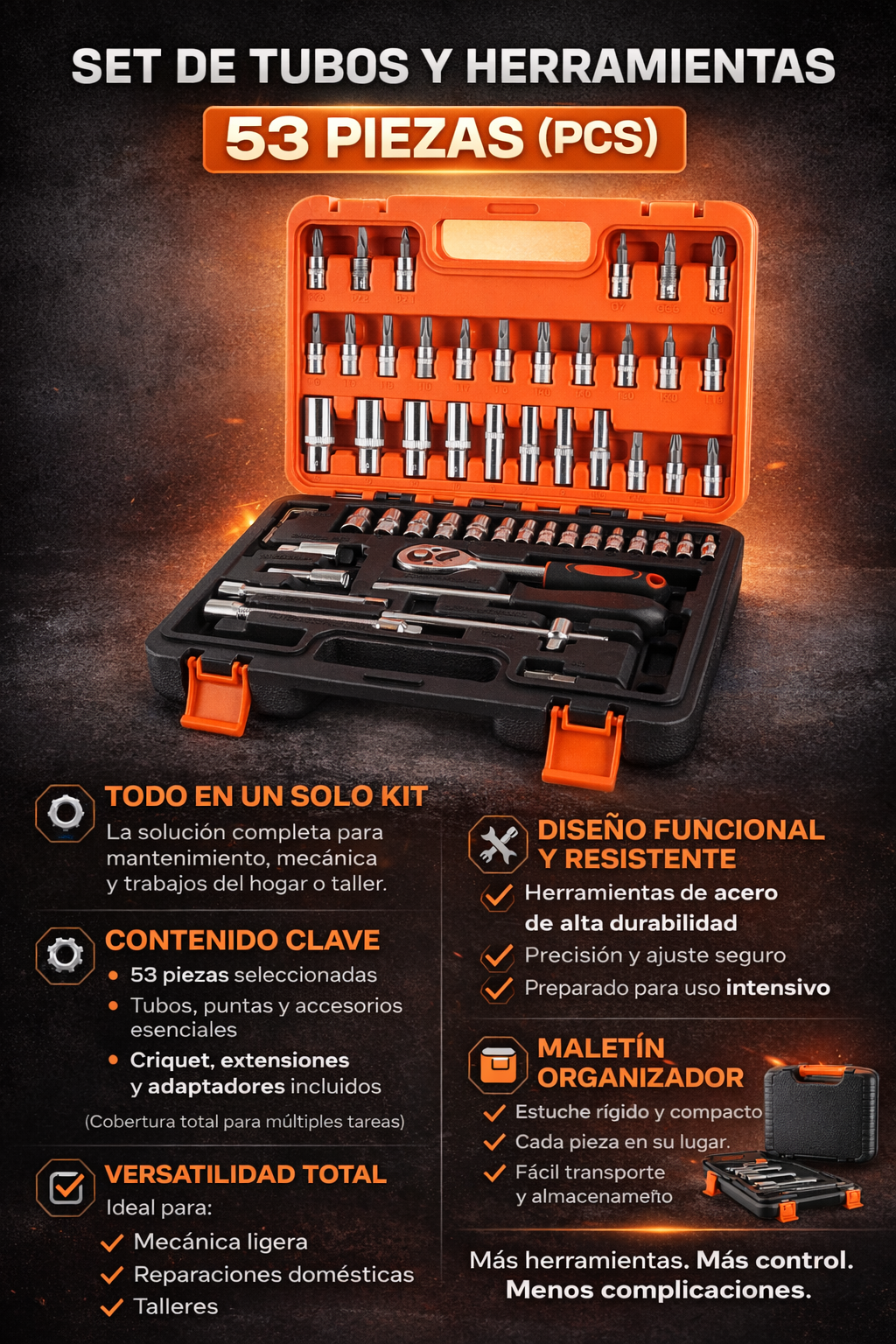 ¡Set de herramientas y tubos 53 Piezas!