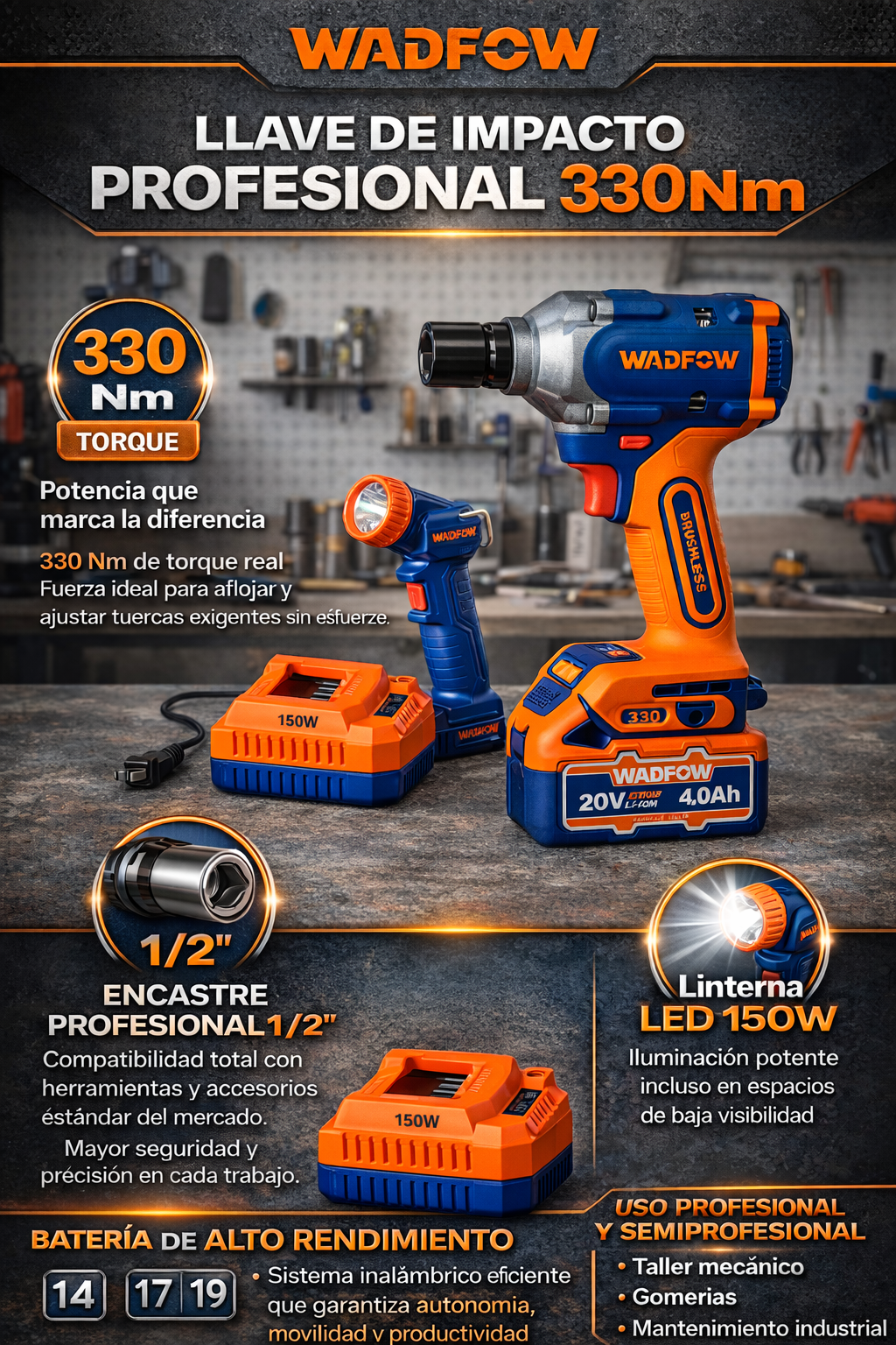 ¡Combo mecanico Pistola de impacto + linterna 20V WADFOW!